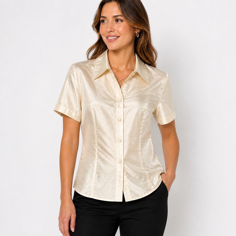 Dana Buchman Silk Blouse Women 12 Bone Ivory Quiet Luxury Short Sleeve DBMUB464